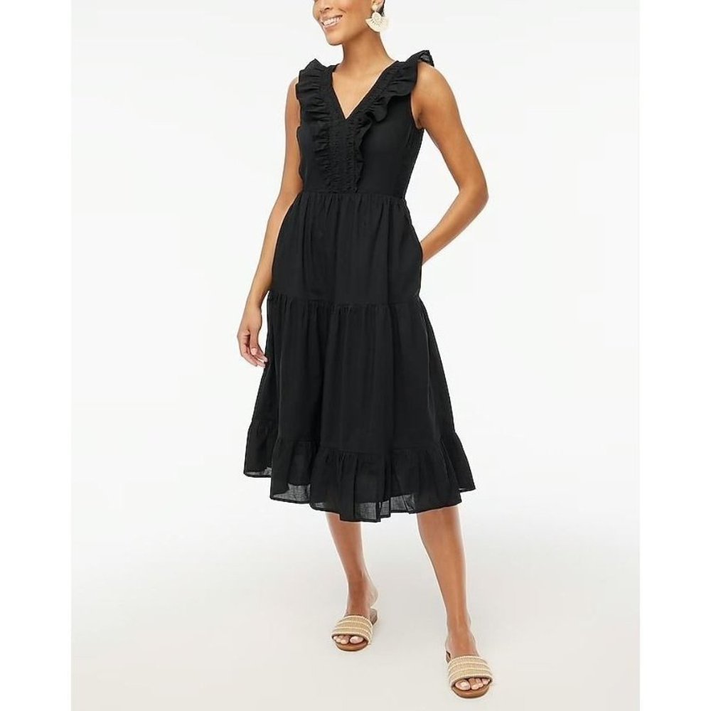 J Crew Factory NWT V-neck Smocked Sleeveless Ruffle Midi Dress in Black size 14